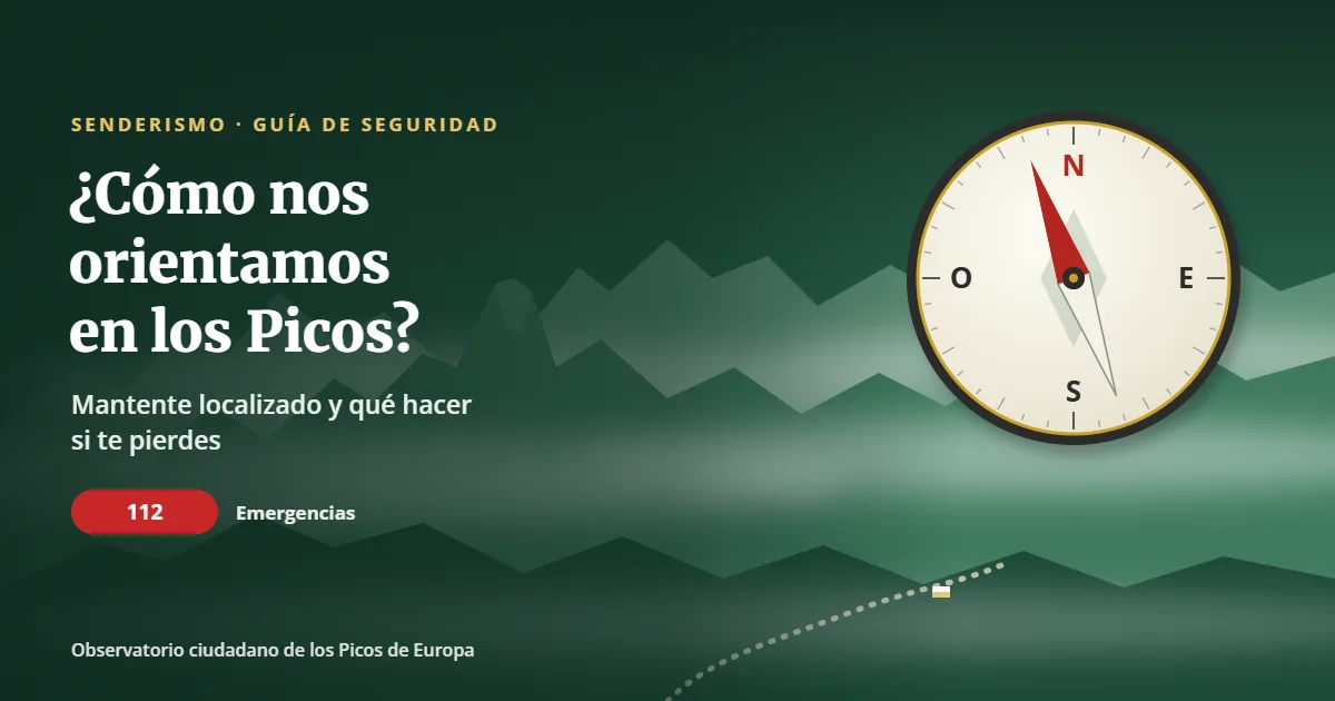 Brújula sobre las montañas de los Picos de Europa entre la niebla